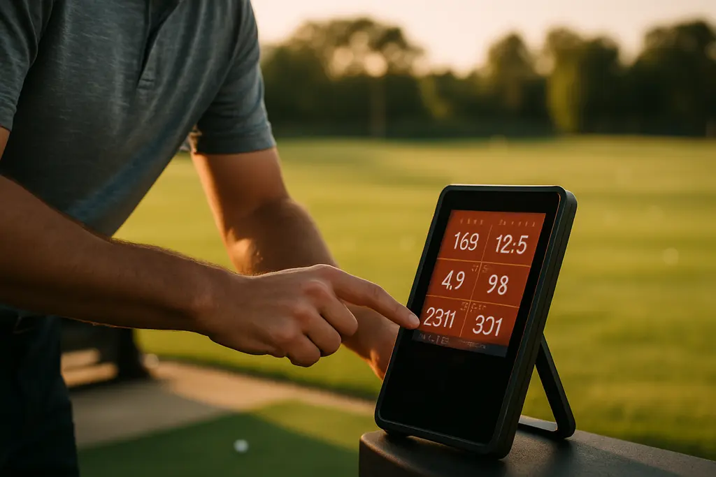 Golfer using a BYO Launch Monitor beside clubs on a practice range