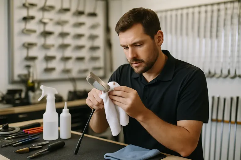 Club builder checking putter assembly on a workbench with hand tools nearby