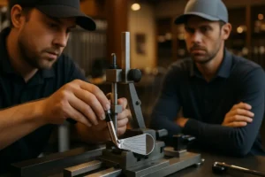 Custom fitting pricing discussion with irons, shafts, and launch monitor data in a fitting bay