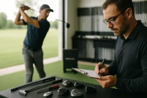 Fitter reviewing driver forgiveness data with a golfer beside a launch monitor