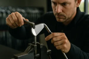 equipment changes shown through irons, wedges, and a putter on a fitting bench