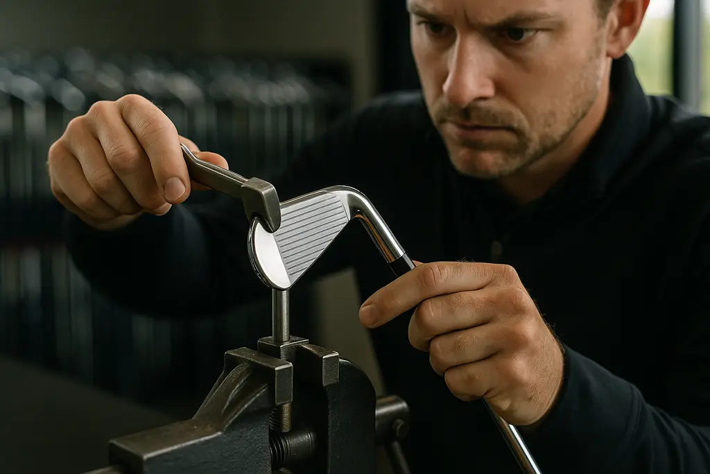 equipment changes shown through irons, wedges, and a putter on a fitting bench