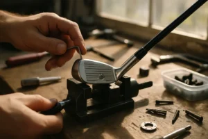 Equipment upgrades being compared during an indoor golf club fitting