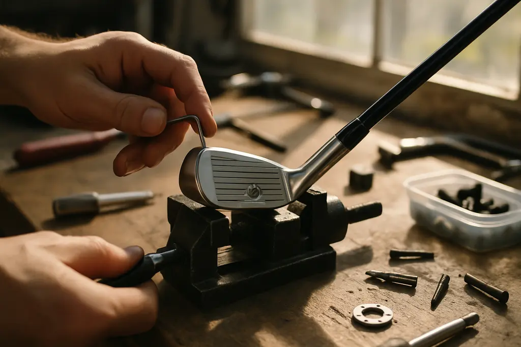 Equipment upgrades being compared during an indoor golf club fitting