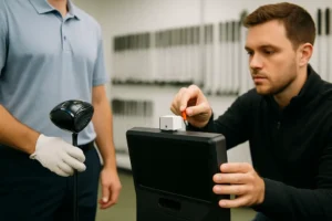 Golfer starting a Full-Bag Fitting with clubs beside a launch monitor