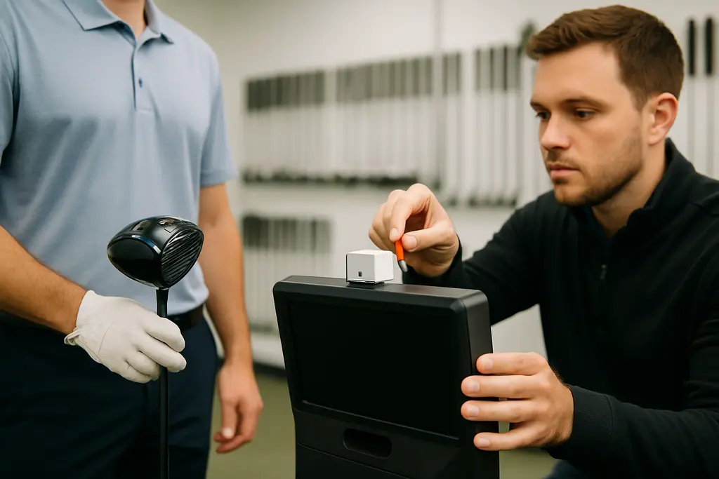 Golfer starting a Full-Bag Fitting with clubs beside a launch monitor