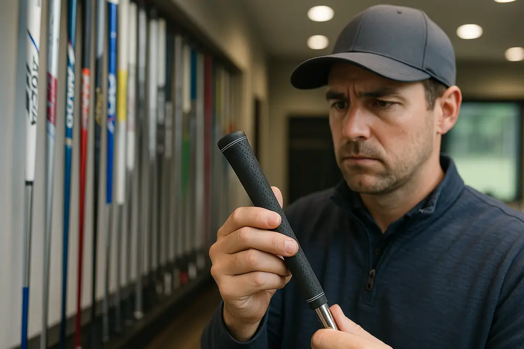 Golf Shaft Labels on driver shafts beside a launch monitor in a fitting bay
