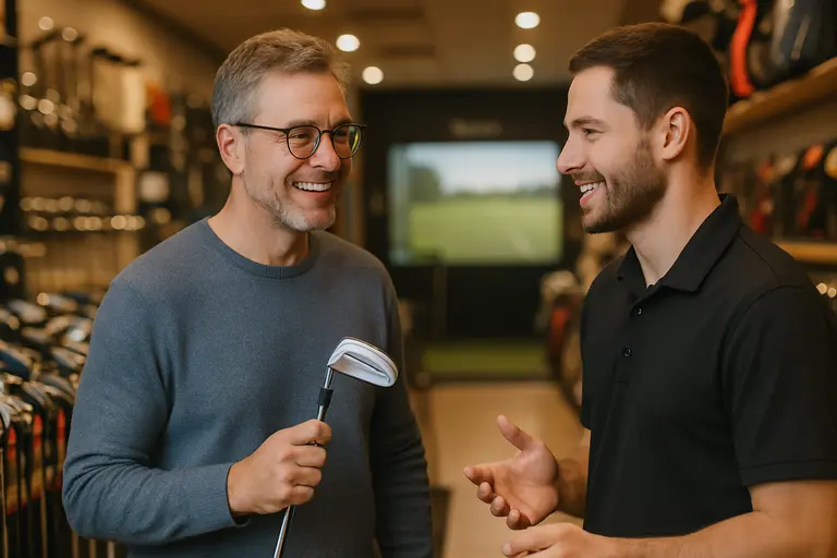Golfer comparing iron shots on a launch monitor screen