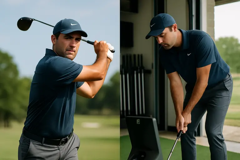 Golfer hitting driver from an outdoor tee box with open fairway ahead