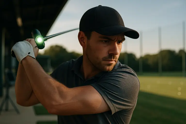 Golfer practicing putting alignment on a mat with a mirror aid