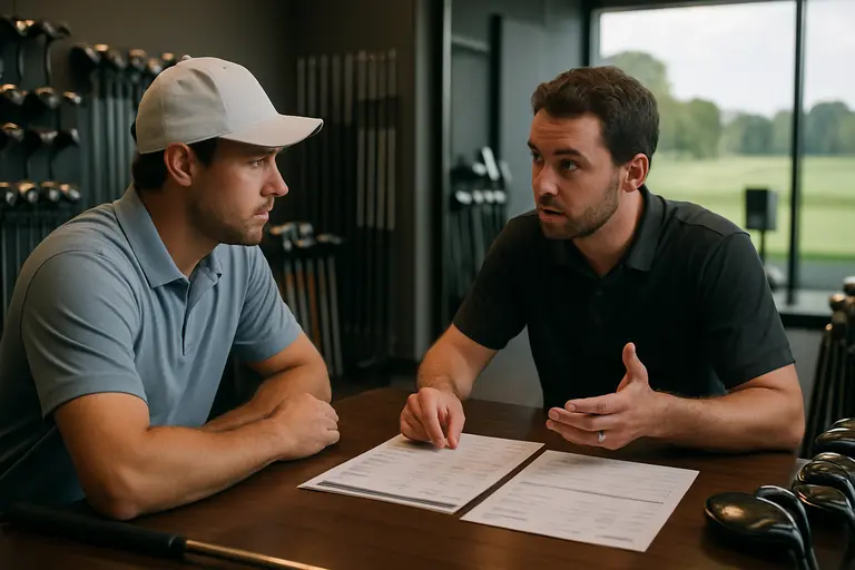 Golfer reviewing club options and pricing notes at a fitting counter