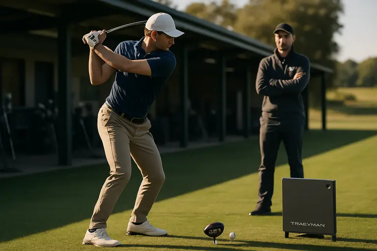 Golfer testing a mini driver indoors with impact spray on the face