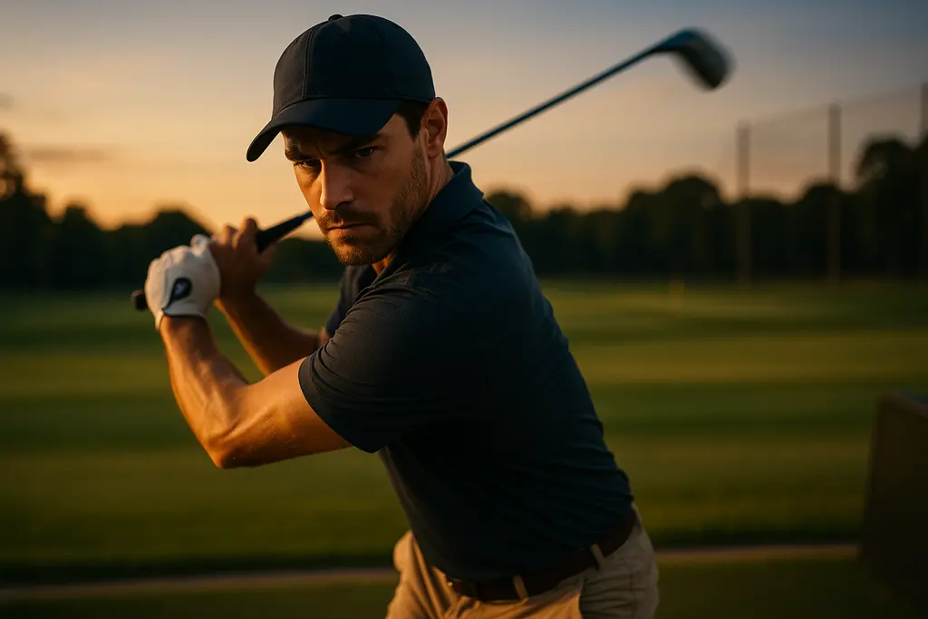 Male golfer testing graphite shafts on a launch monitor in an indoor fitting bay