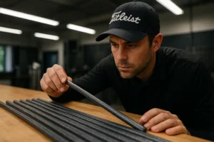 Graphite Shafts being compared beside steel iron shafts in a fitting bay