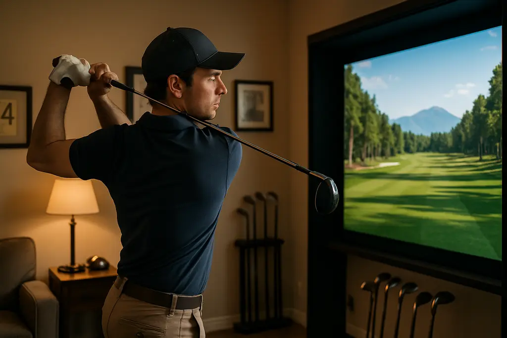 Home Golf Simulators setup with retractable screen and launch monitor in a garage