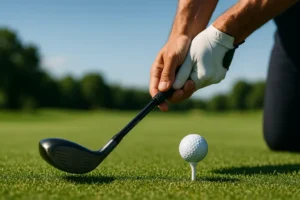 Fitter comparing hybrid clubs, fairway woods, and utility irons on a hitting bay rack