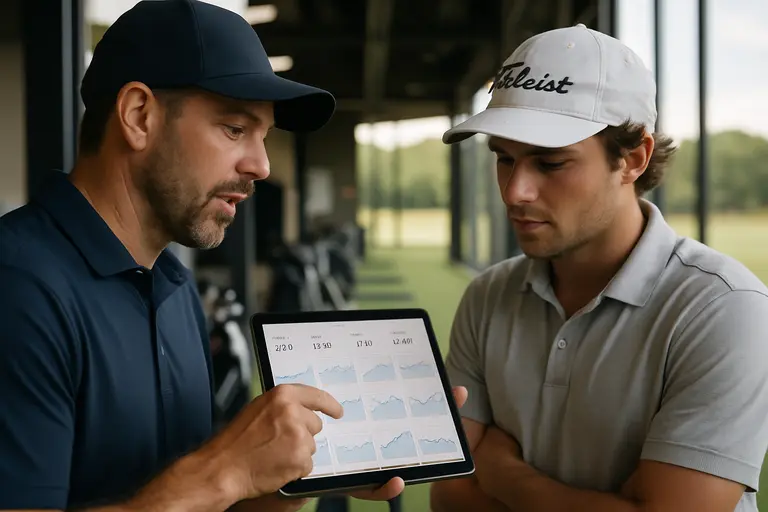 Launch monitor beside a golfer hitting an iron indoors