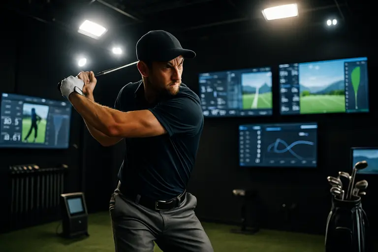 Launch monitor beside a hitting mat during a golf club fitting session