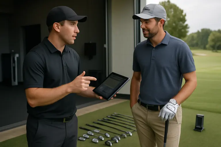 Launch monitor screen beside golf balls and an iron during a fitting session