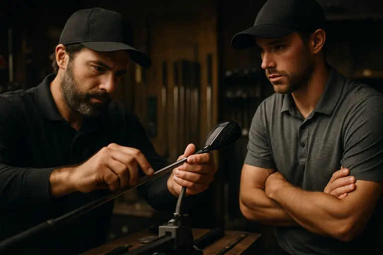 Launch monitor set behind a golfer testing long clubs indoors