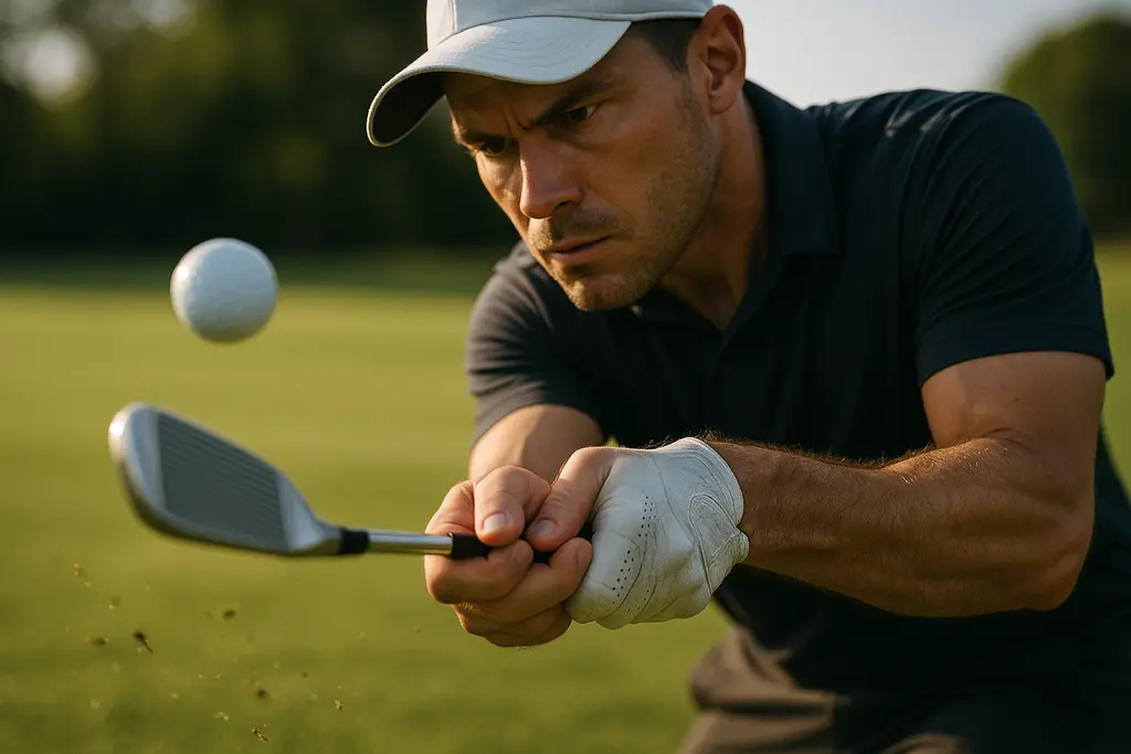Golfer testing driver loft selection mistakes on a launch monitor indoors