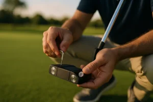 Modular Putter Designs shown with a black mallet putter on a fitting bench