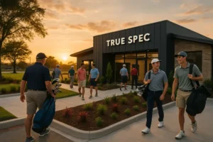 Orlando Club Fitting bay with launch monitor beside a golfer hitting outdoors