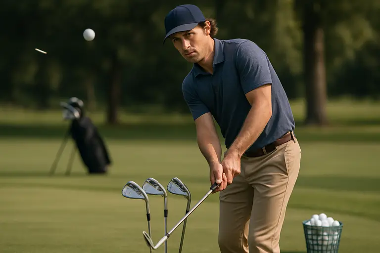 Player hitting short wedge shots to multiple practice green targets