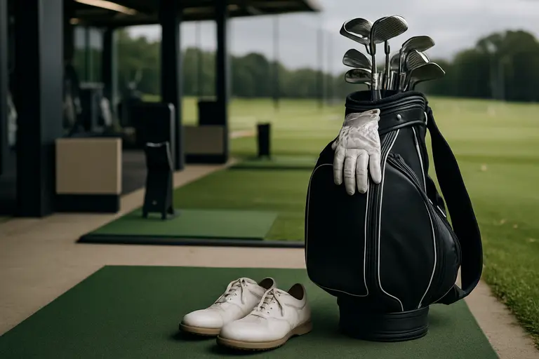Player’s golf bag, glove, and shoes set near a practice station before a fitting