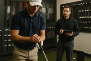 Golfer reviewing premium club fitting data beside clubs in an indoor bay