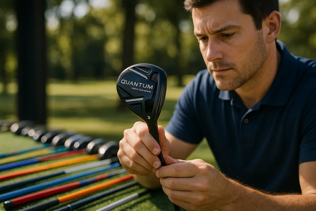 Quantum Mini Spinner fairway wood set beside long irons on a fitting bay mat