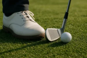 sole matching irons resting on short fairway turf beside a shallow divot