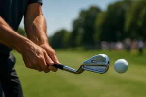 Titleist T100 irons resting beside a launch monitor on a fitting mat