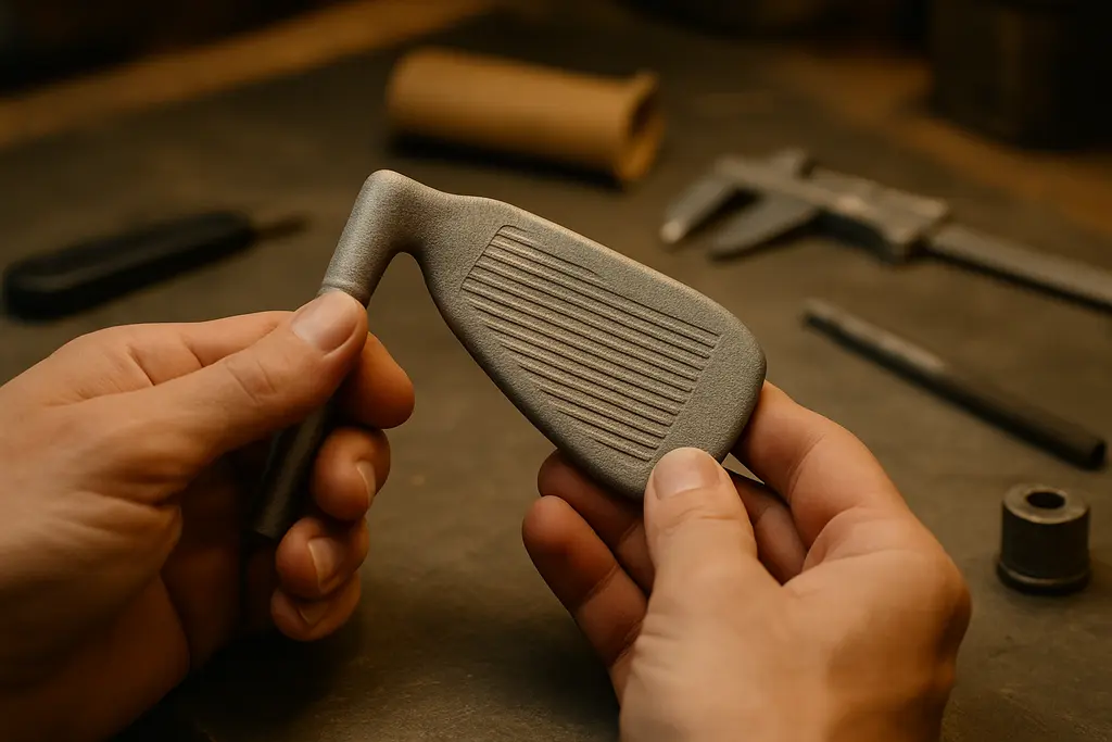 Cobra 3D Printed Irons on a fitting bench beside shafts and lie tape