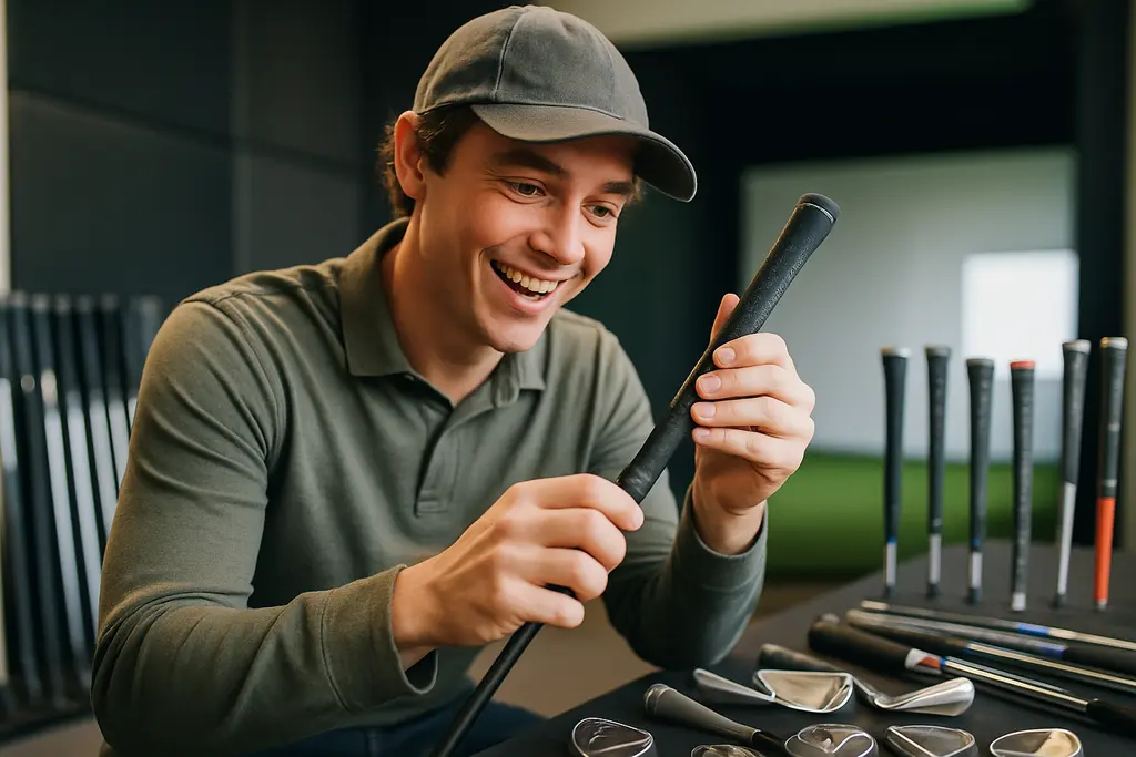 Beginner club fitting session with irons and a launch monitor in an indoor bay