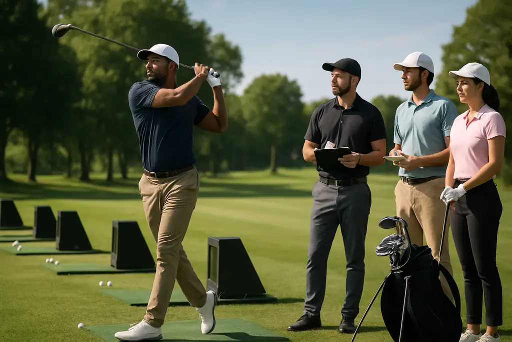 Golfer testing a driver during a Black Gold Fitting session on a practice tee