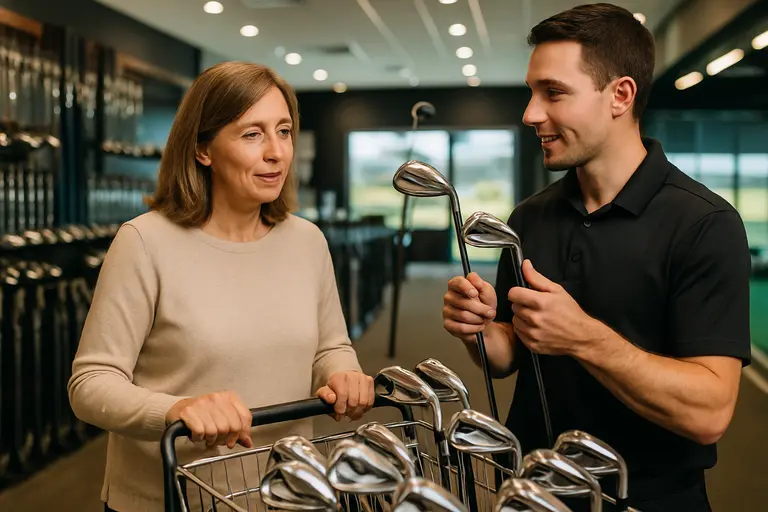 Fitter and golfer reviewing iron shot data on a tablet
