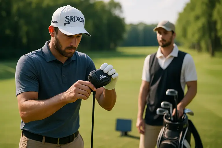 Golfer hitting driver indoors while a fitter watches ball flight data