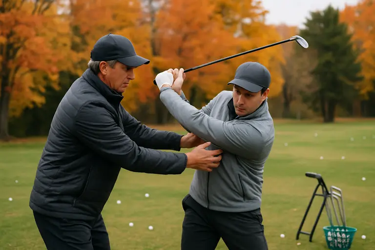 Golfer reviewing launch monitor numbers after hitting an iron indoors