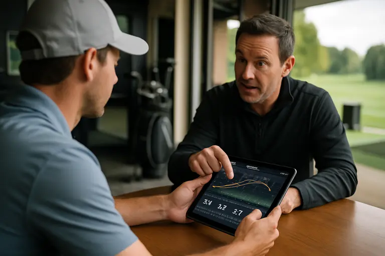 Golfer teeing off on a tree-lined hole with a launch monitor nearby