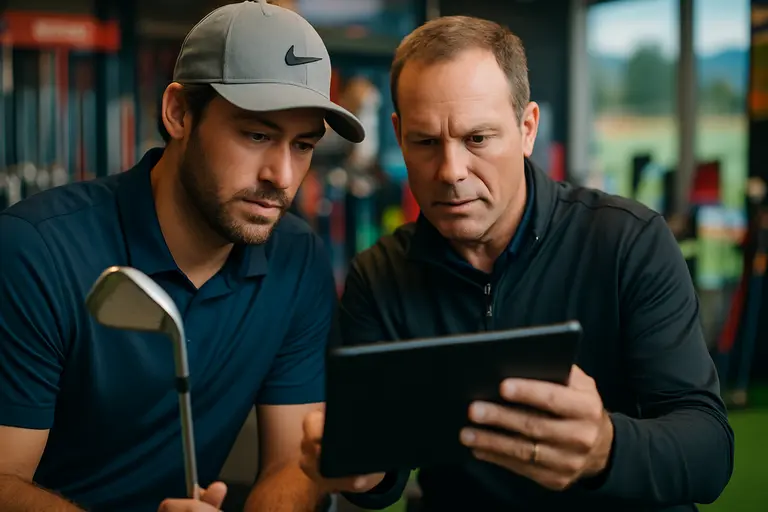 Launch monitor screen beside a golfer testing an iron