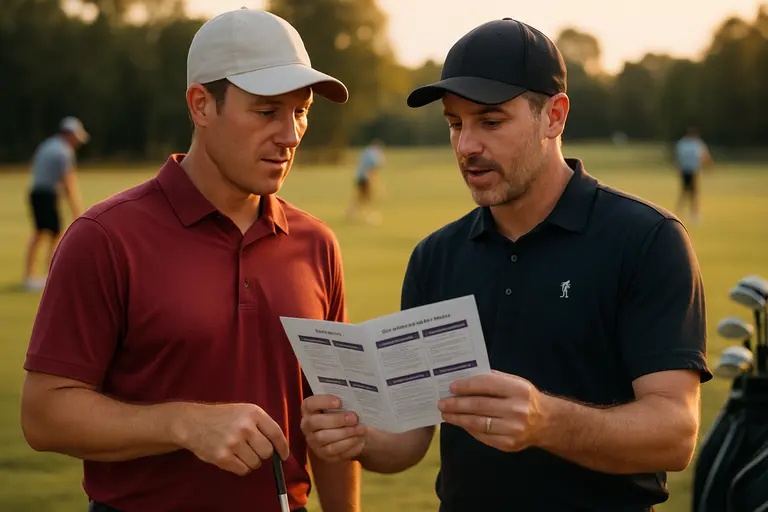 Golfer discussing club options with a fitter beside an iron set