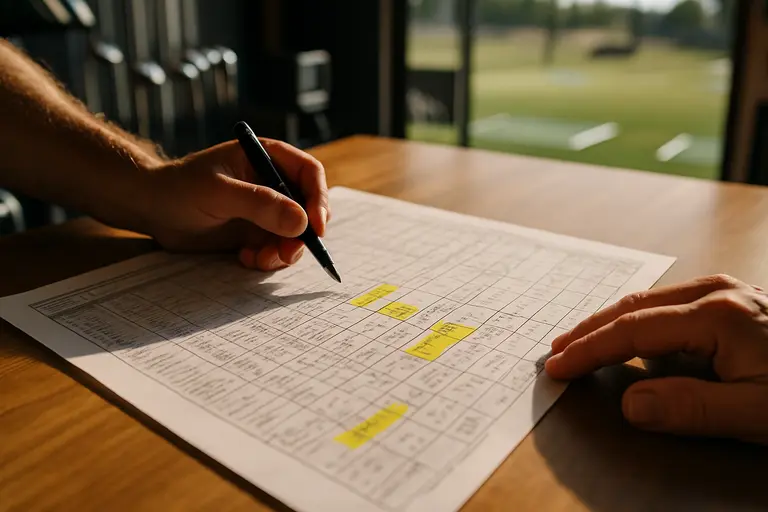 Golfer checking an itemized club fitting quote beside iron heads