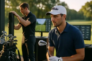 Golfer reviewing custom fitting trends on a launch monitor with clubs nearby