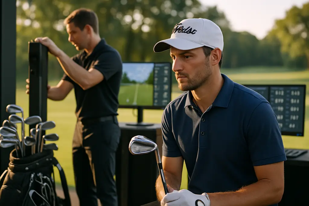 Golfer reviewing custom fitting trends on a launch monitor with clubs nearby