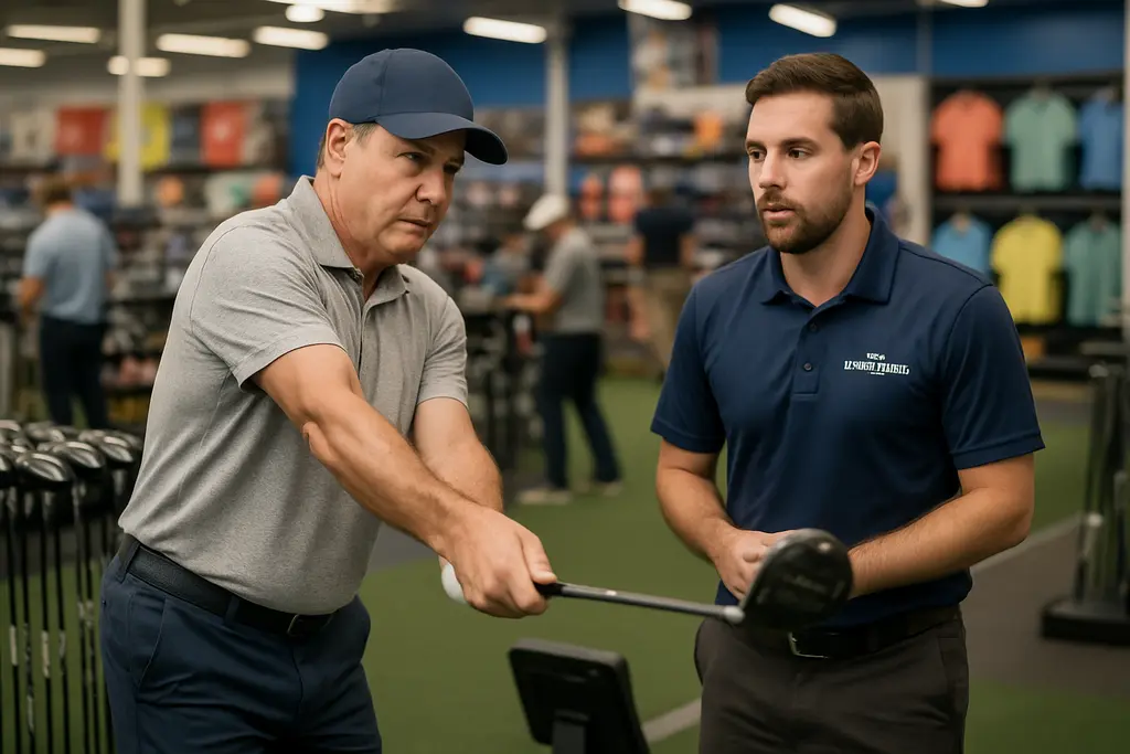 Delray Beach fitting bay with golfer testing clubs on a launch monitor