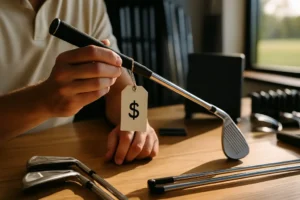 Golfer comparing Driver Price Cuts beside fitted driver heads in a shop