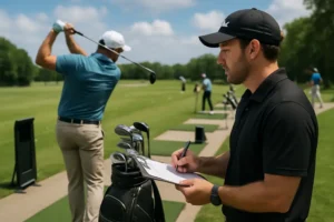 Golfer reviewing launch data after an Elev8 fitting day session
