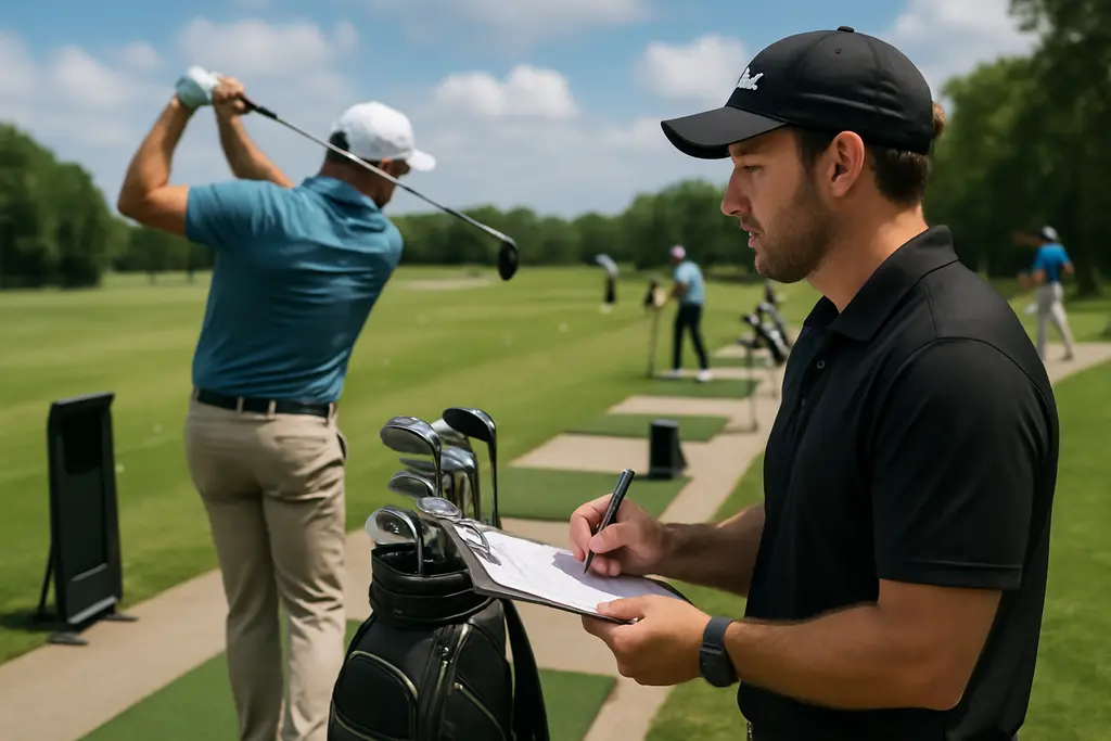 Golfer reviewing launch data after an Elev8 fitting day session