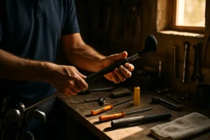Fall Golf Club Care setup with clean irons, towels, and grips on a workbench